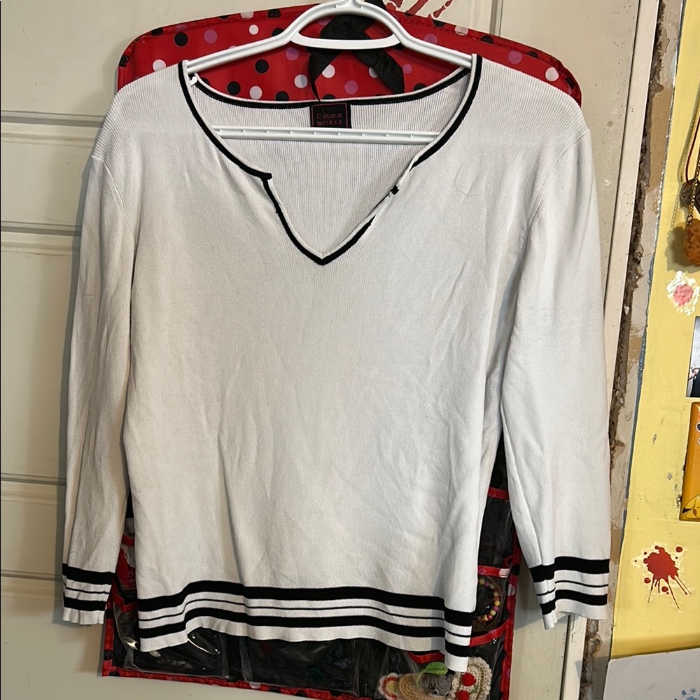 White V-Neck Sweater with Black Trim